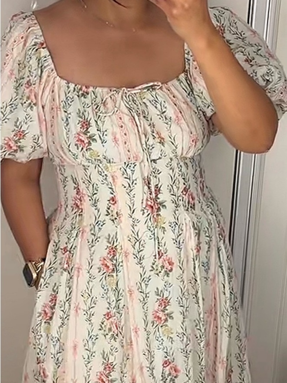 Storia Cream Floral Puff-Sleeve Maxi Dress with Pink Rose Print - Picture 13 of 15